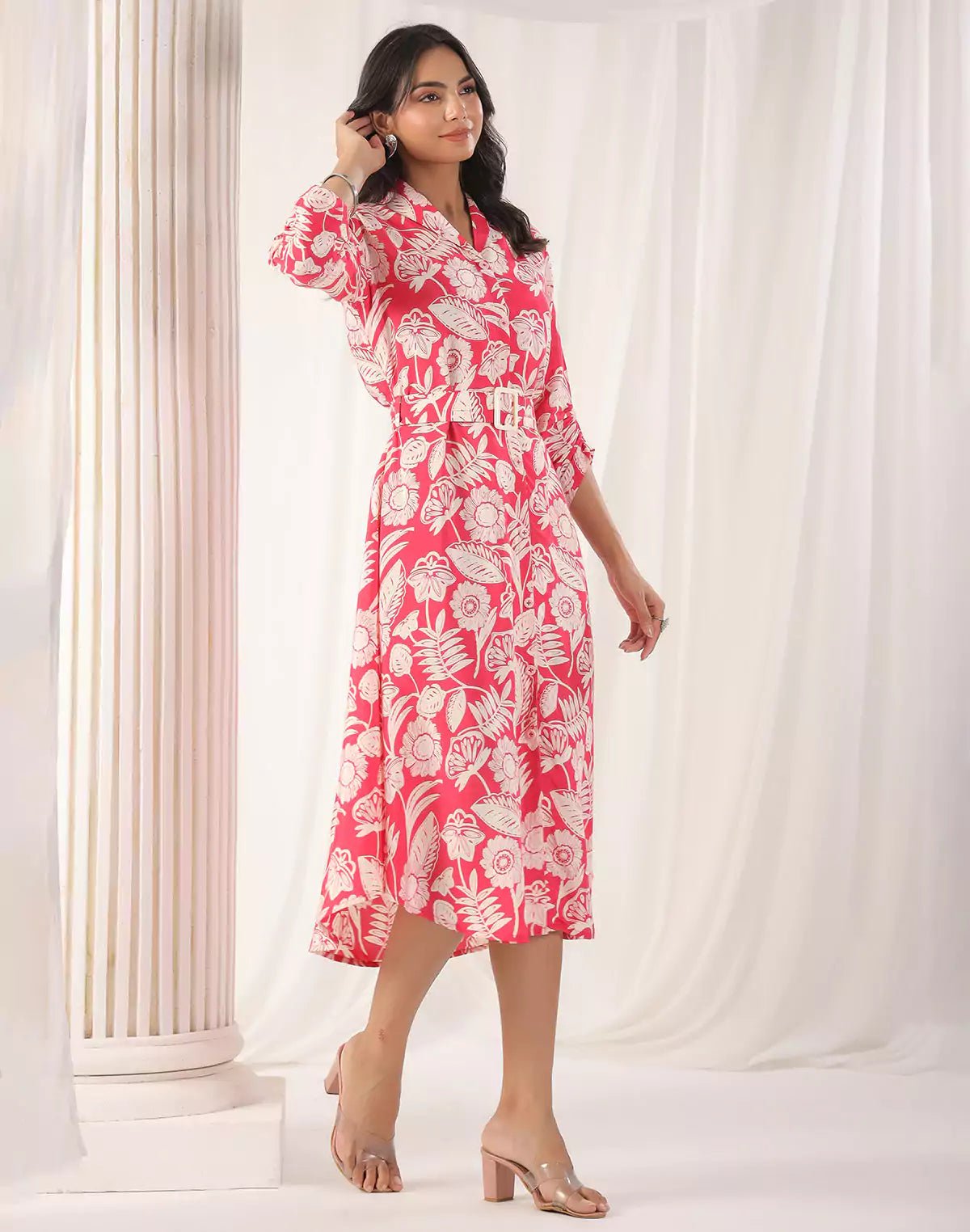 Image of Floral Design Soft Silk Peach Coloured Kurti With Belt - South India Shopping Mall