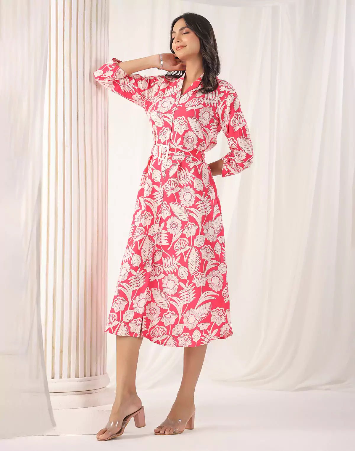 Image of Floral Design Soft Silk Peach Coloured Kurti With Belt - South India Shopping Mall