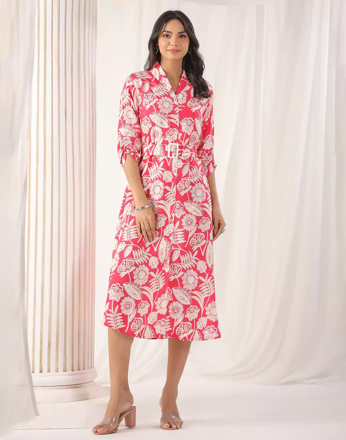 Image of Floral Design Soft Silk Peach Coloured Kurti With Belt - South India Shopping Mall