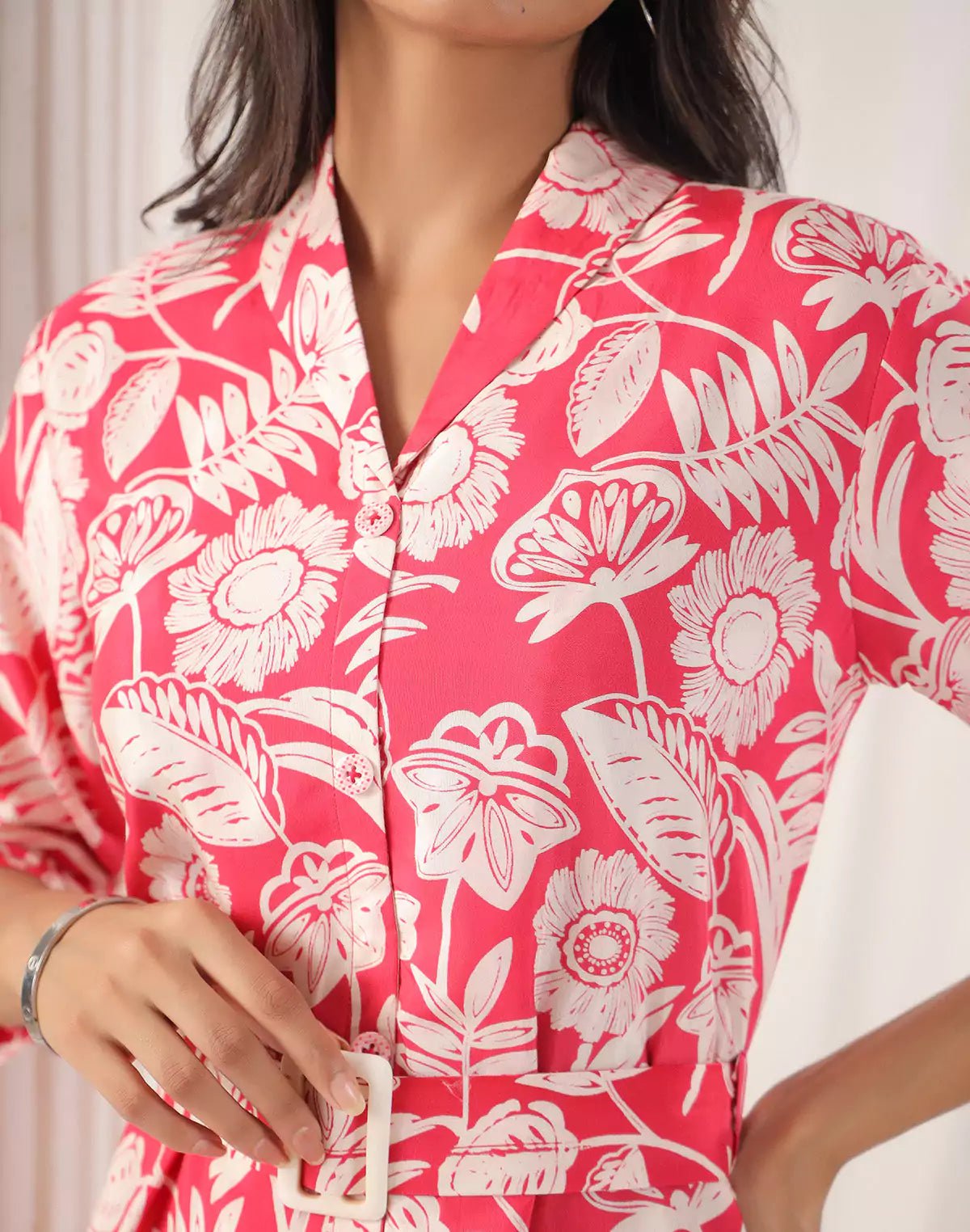 Image of Floral Design Soft Silk Peach Coloured Kurti With Belt - South India Shopping Mall