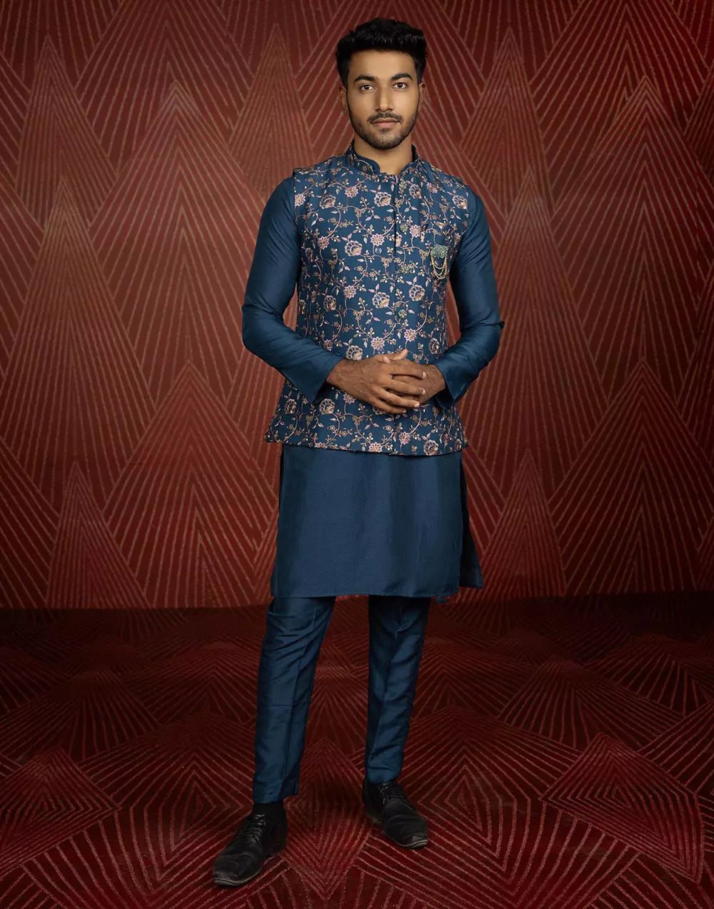 Image of Floral Design Teal Blue All Over Embroidery Work Jacquard Kurta Jacket Set - South India Shopping Mall