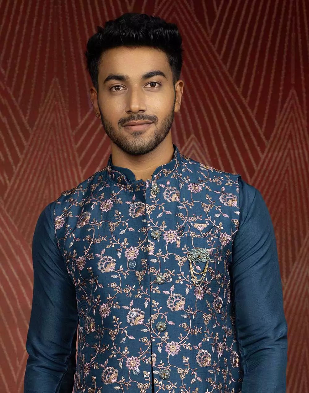 Image of Floral Design Teal Blue All Over Embroidery Work Jacquard Kurta Jacket Set - South India Shopping Mall