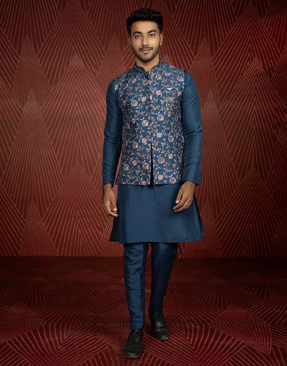 Image of Floral Design Teal Blue All Over Embroidery Work Jacquard Kurta Jacket Set - South India Shopping Mall