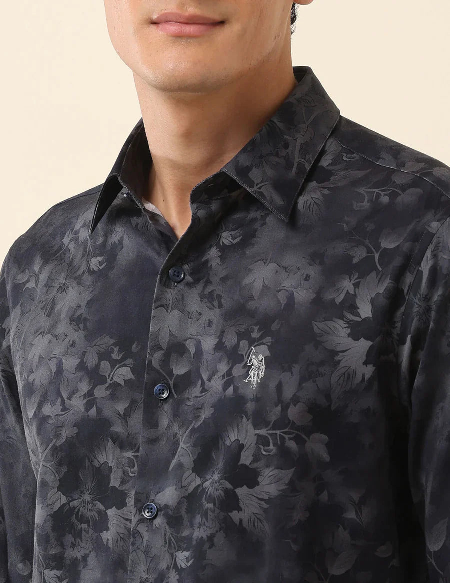 Floral Digital Print Navy Blue Cotton - Satin Party Wear Shirt - South India Shopping Mall