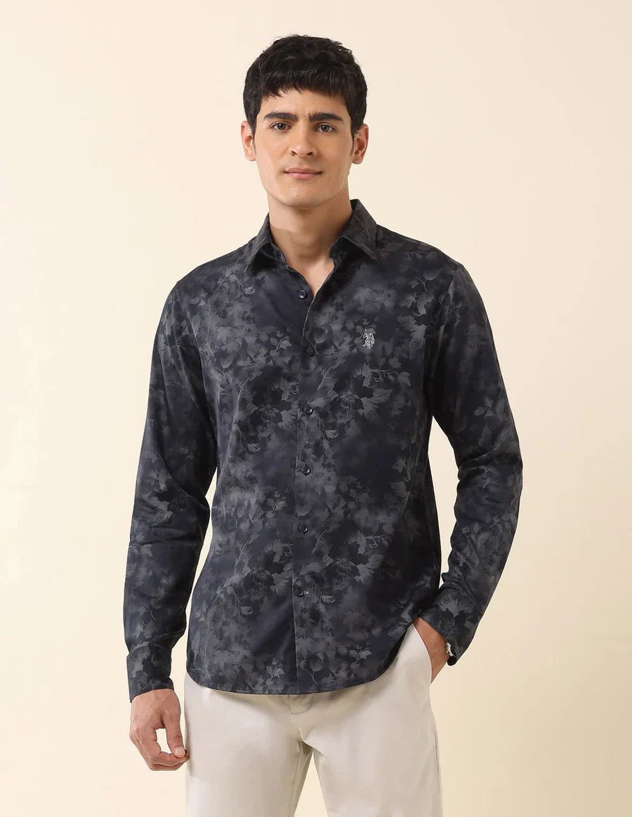 Floral Digital Print Navy Blue Cotton - Satin Party Wear Shirt - South India Shopping Mall