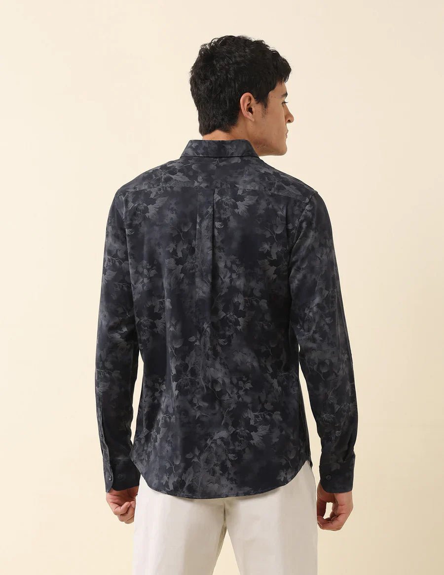 Image of Floral Digital Print Navy Blue Cotton - Satin Party Wear Shirt - South India Shopping Mall
