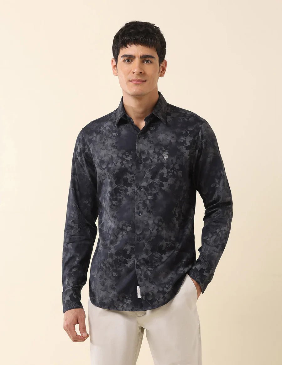 Image of Floral Digital Print Navy Blue Cotton - Satin Party Wear Shirt - South India Shopping Mall