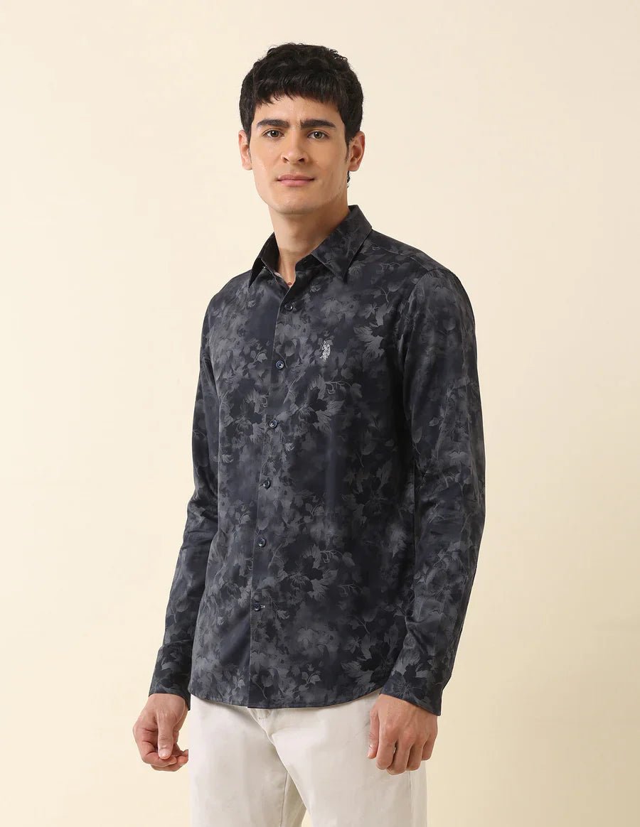 Image of Floral Digital Print Navy Blue Cotton - Satin Party Wear Shirt - South India Shopping Mall