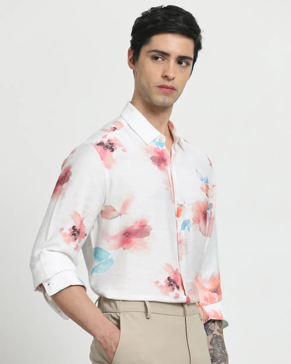 Image of Floral Digital Printed White Imported Viscose Men's Shirt - South India Shopping Mall