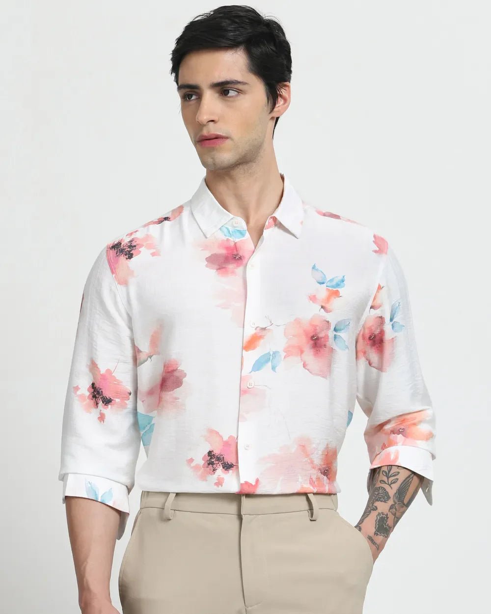 Image of Floral Digital Printed White Imported Viscose Men's Shirt - South India Shopping Mall
