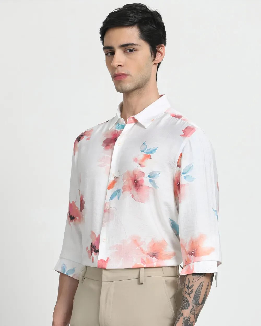 Image of Floral Digital Printed White Imported Viscose Men's Shirt - South India Shopping Mall
