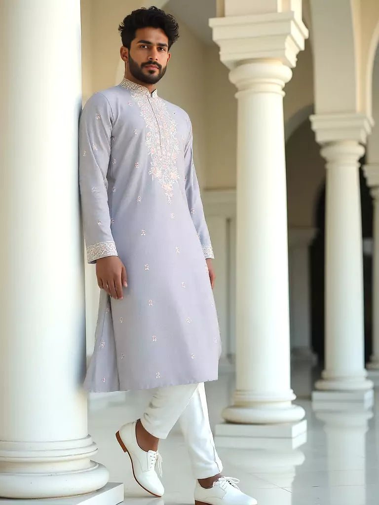 Image of Floral Embroidered Giza Cotton Grey Kurta with Pyjamas - South India Shopping Mall