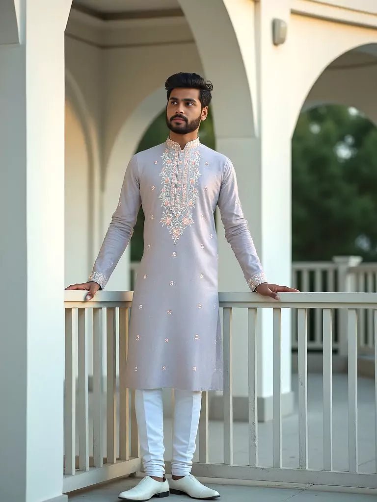 Image of Floral Embroidered Giza Cotton Grey Kurta with Pyjamas - South India Shopping Mall