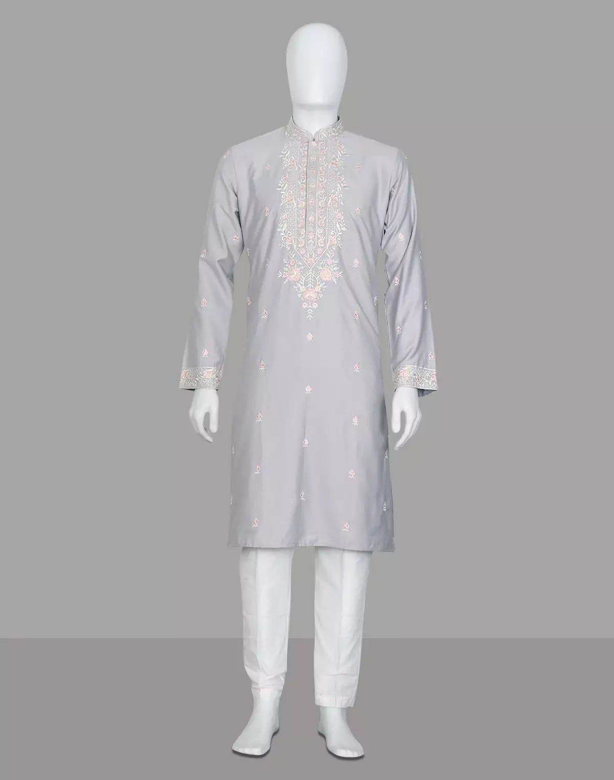 Image of Floral Embroidered Giza Cotton Grey Kurta with Pyjamas - South India Shopping Mall