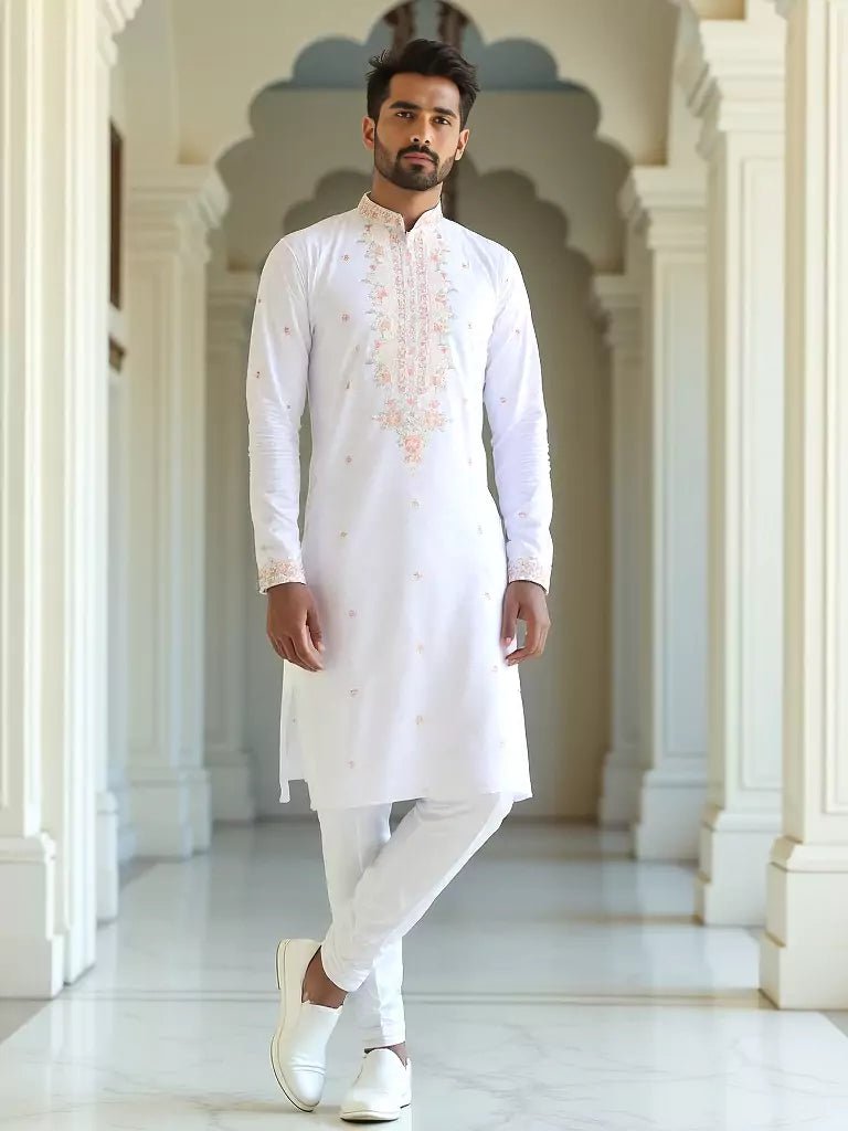 Image of Floral Embroidered Giza Cotton White Kurta with Pyjamas - South India Shopping Mall