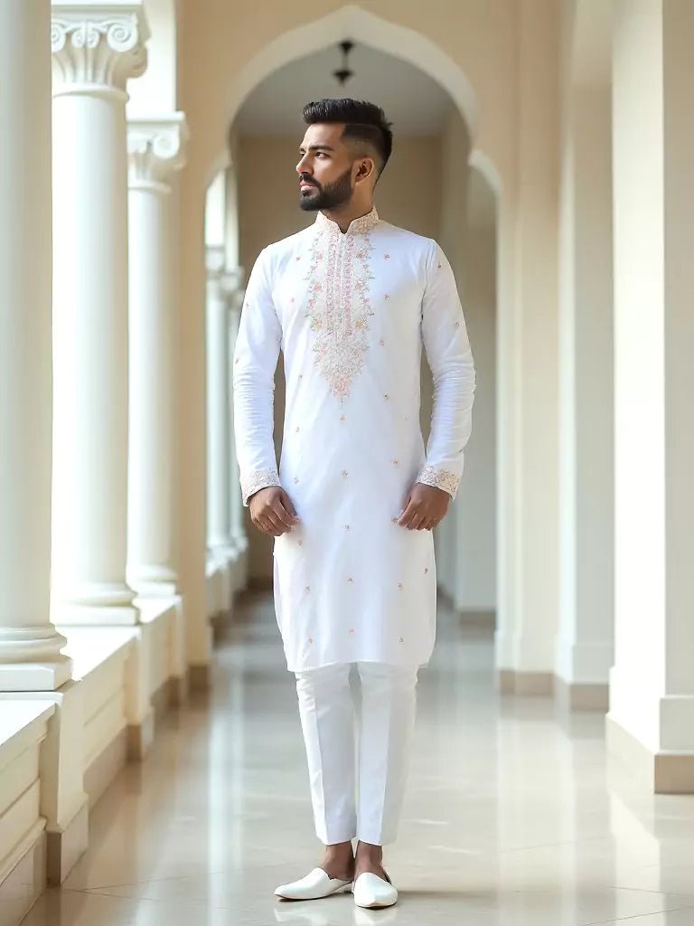 Image of Floral Embroidered Giza Cotton White Kurta with Pyjamas - South India Shopping Mall