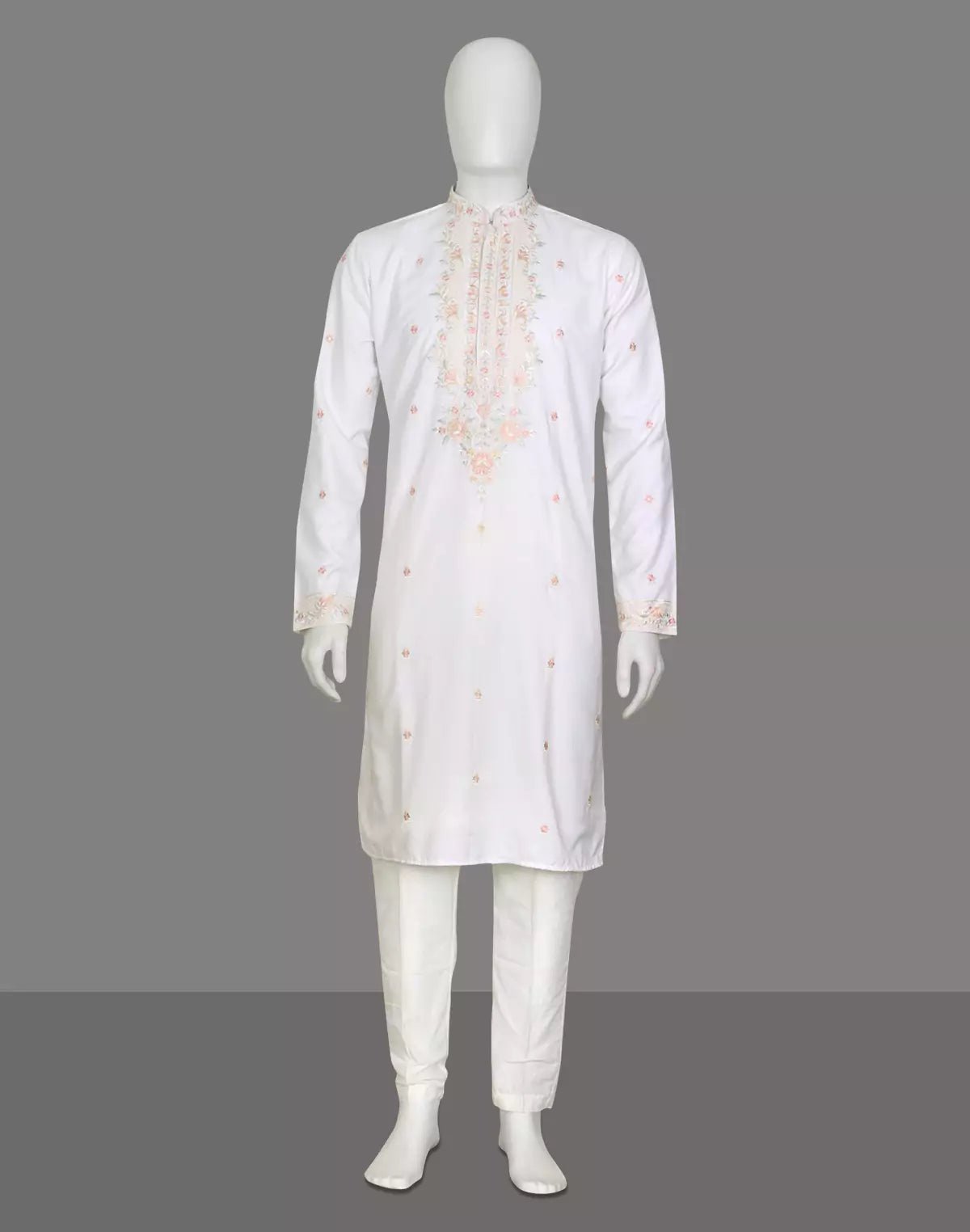 Image of Floral Embroidered Giza Cotton White Kurta with Pyjamas - South India Shopping Mall