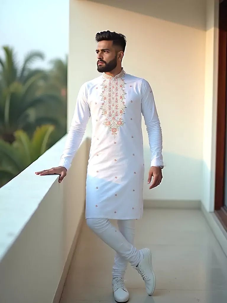Image of Floral Embroidered Giza Cotton White Kurta with Pyjamas - South India Shopping Mall