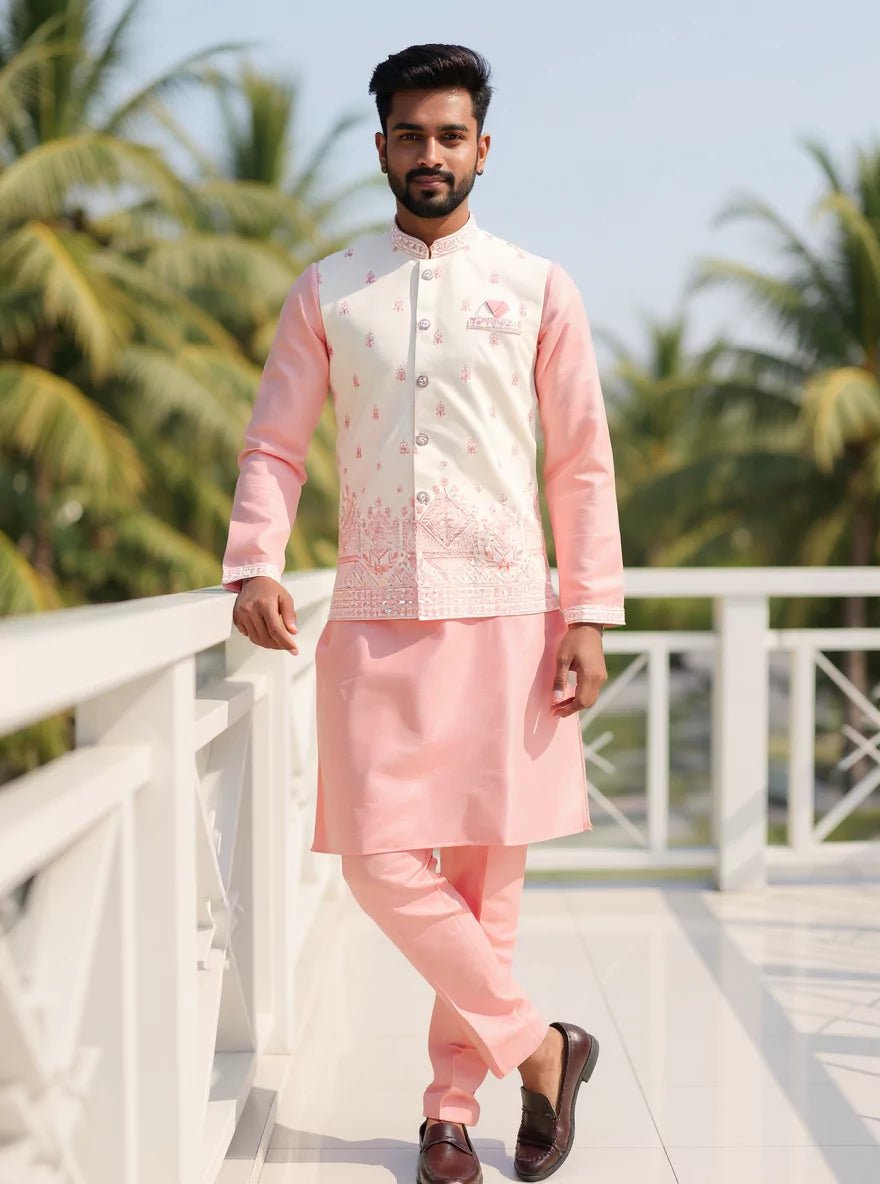 Image of Floral Embroidered Jacquard Kurta Jacket Set in Peach - South India Shopping Mall