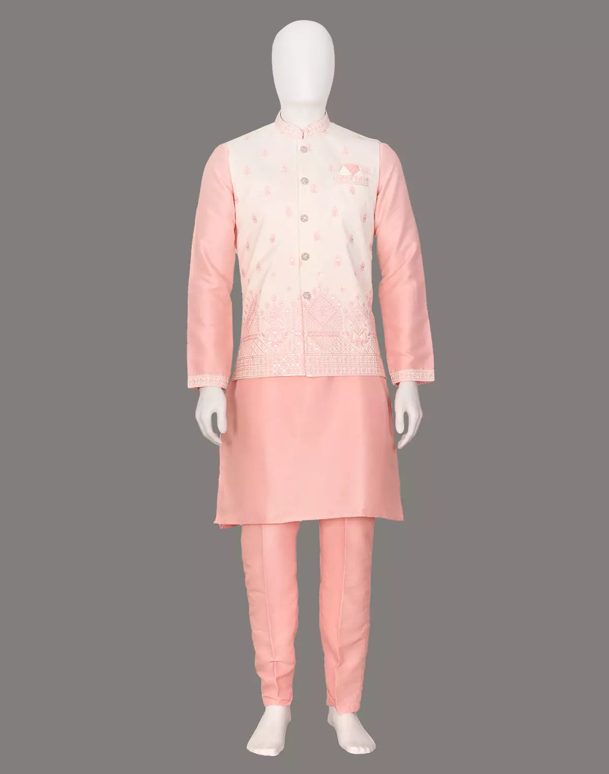 Image of Floral Embroidered Jacquard Kurta Jacket Set in Peach - South India Shopping Mall