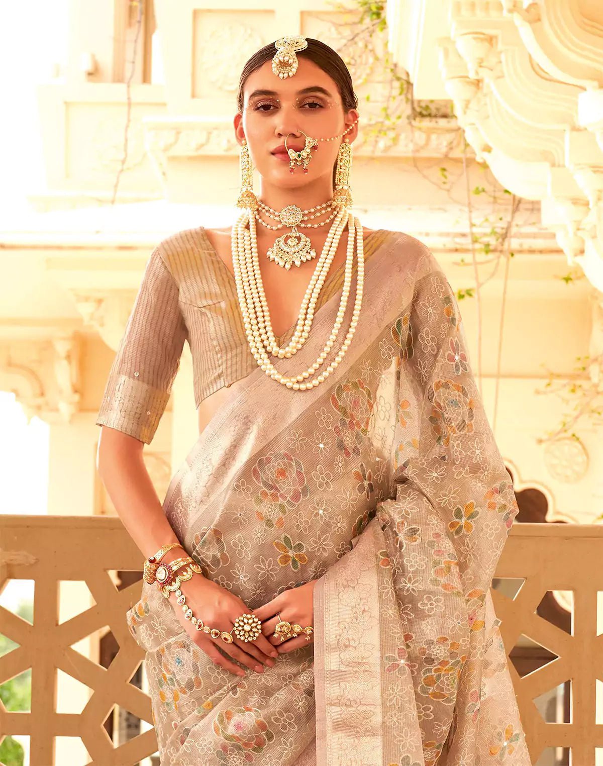 Image of Floral Embroidery Work Organza Saree in Beige - South India Shopping Mall