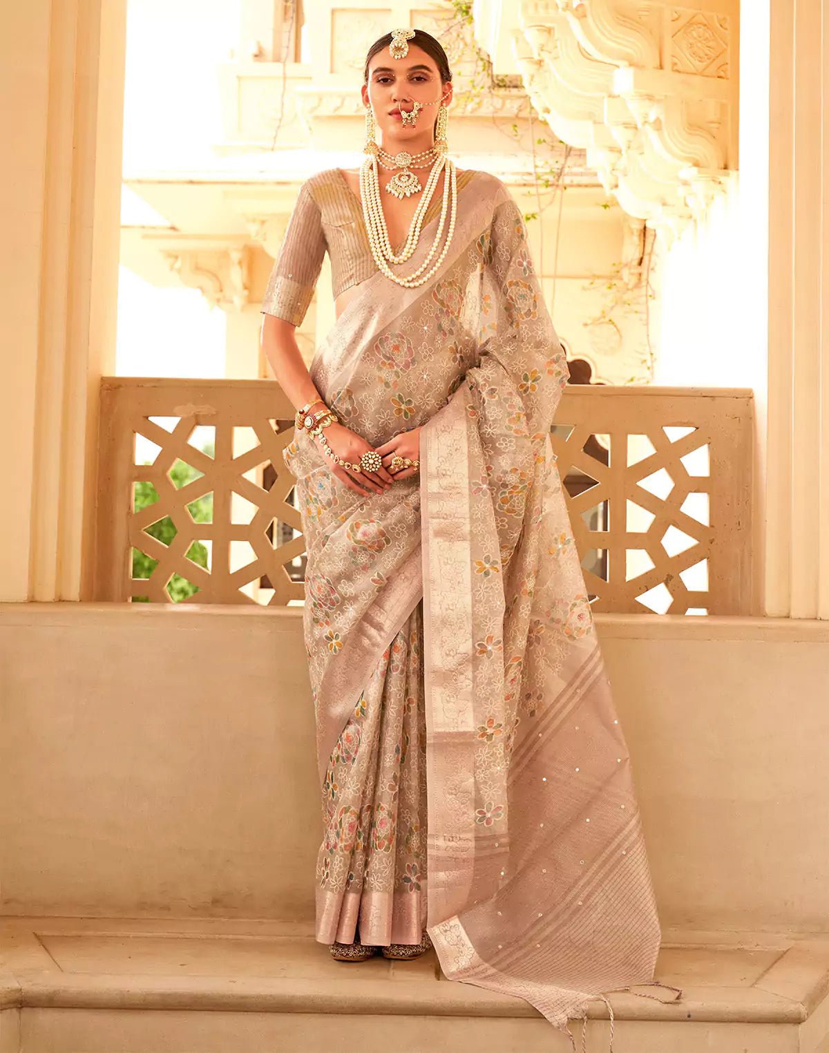 Image of Floral Embroidery Work Organza Saree in Beige - South India Shopping Mall
