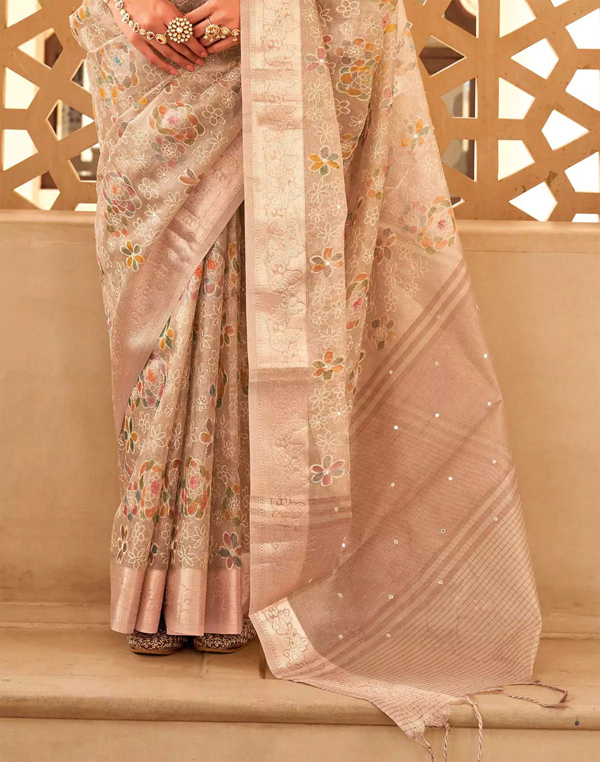 Image of Floral Embroidery Work Organza Saree in Beige - South India Shopping Mall