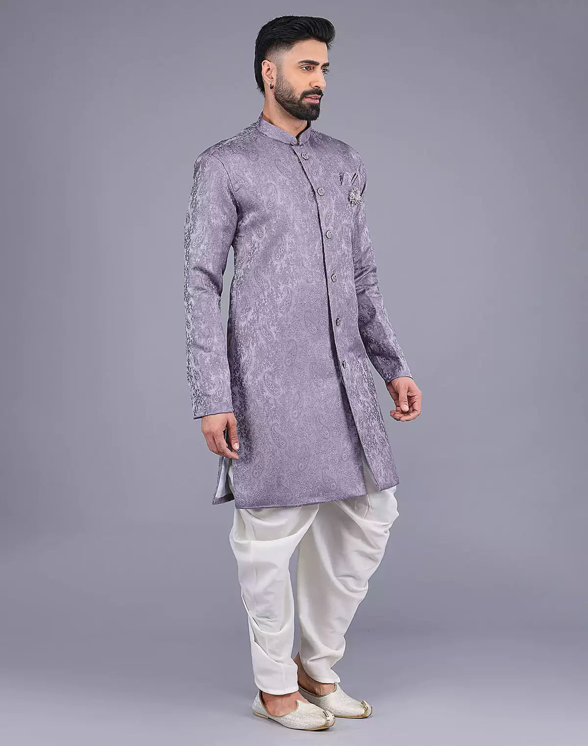 Image of Floral Patterned Purple Shade Jacquard Semi - Indo Style - South India Shopping Mall