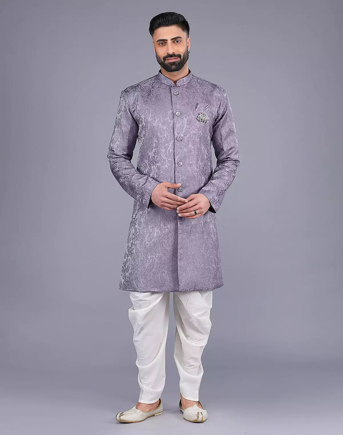 Image of Floral Patterned Purple Shade Jacquard Semi - Indo Style - South India Shopping Mall