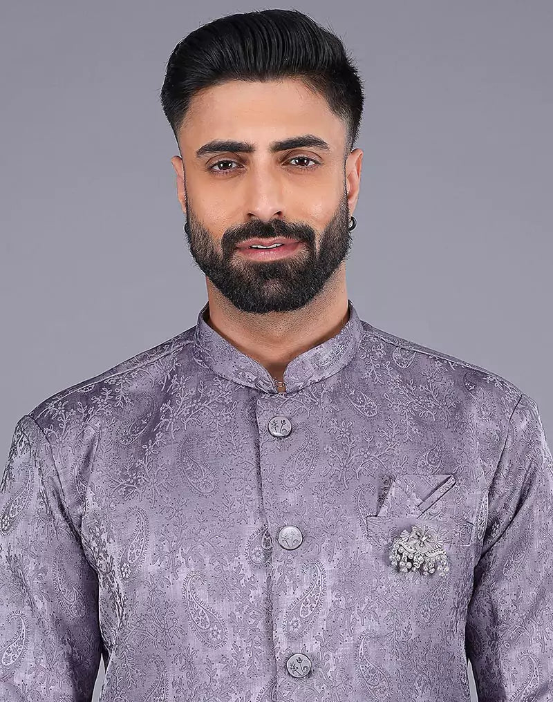 Image of Floral Patterned Purple Shade Jacquard Semi - Indo Style - South India Shopping Mall