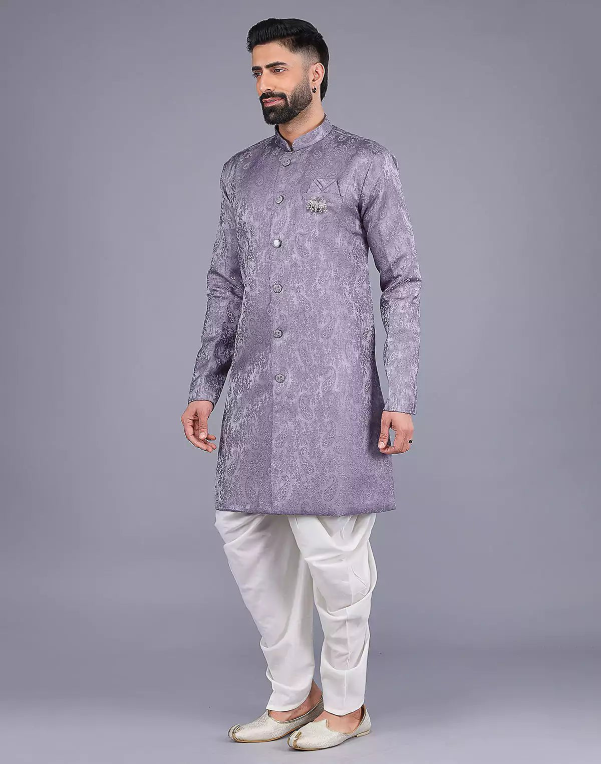 Image of Floral Patterned Purple Shade Jacquard Semi - Indo Style - South India Shopping Mall