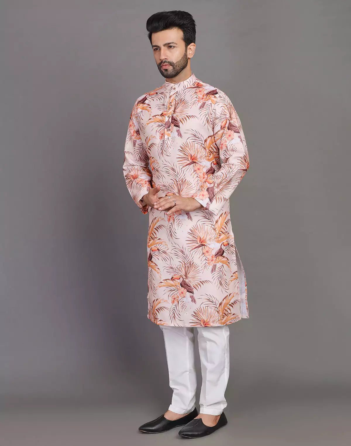 Image of Floral Print Cotton Peach Coloured Party Wear Kurta - South India Shopping Mall