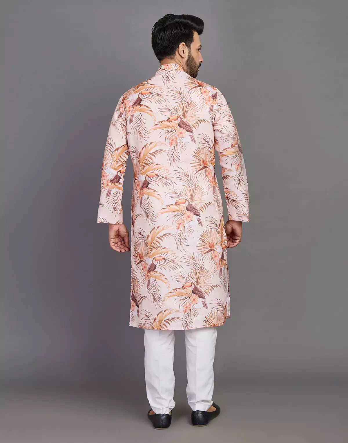 Image of Floral Print Cotton Peach Coloured Party Wear Kurta - South India Shopping Mall