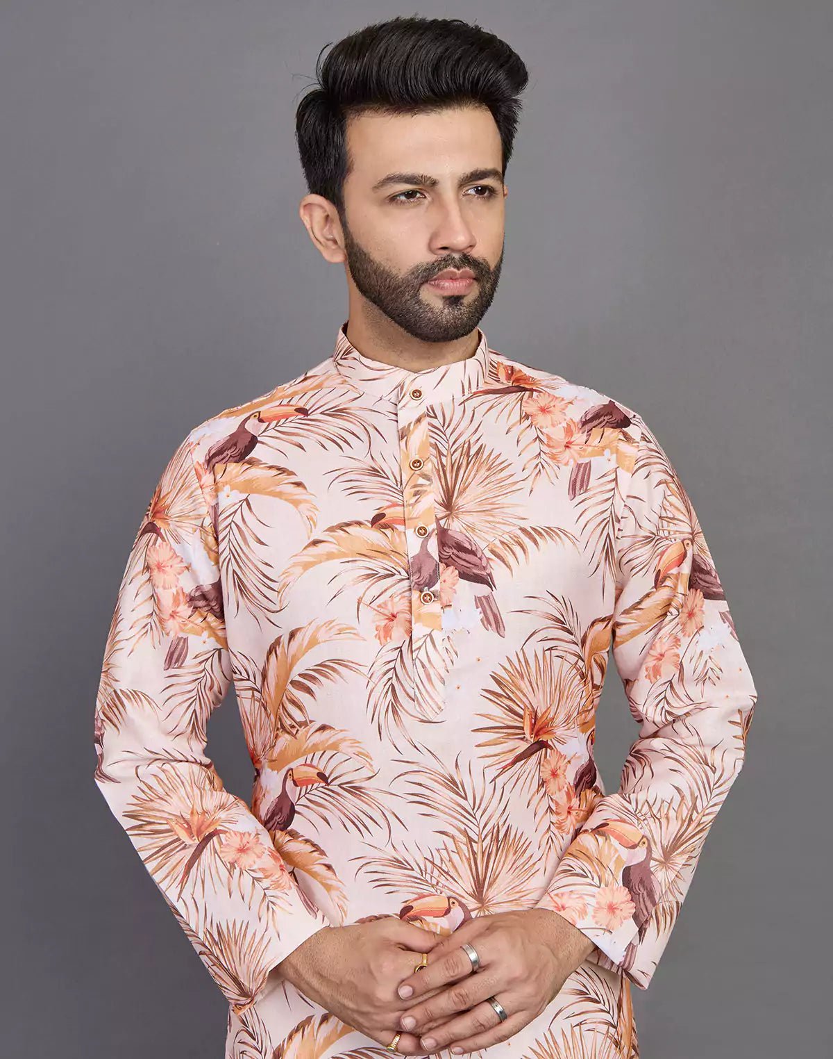 Image of Floral Print Cotton Peach Coloured Party Wear Kurta - South India Shopping Mall