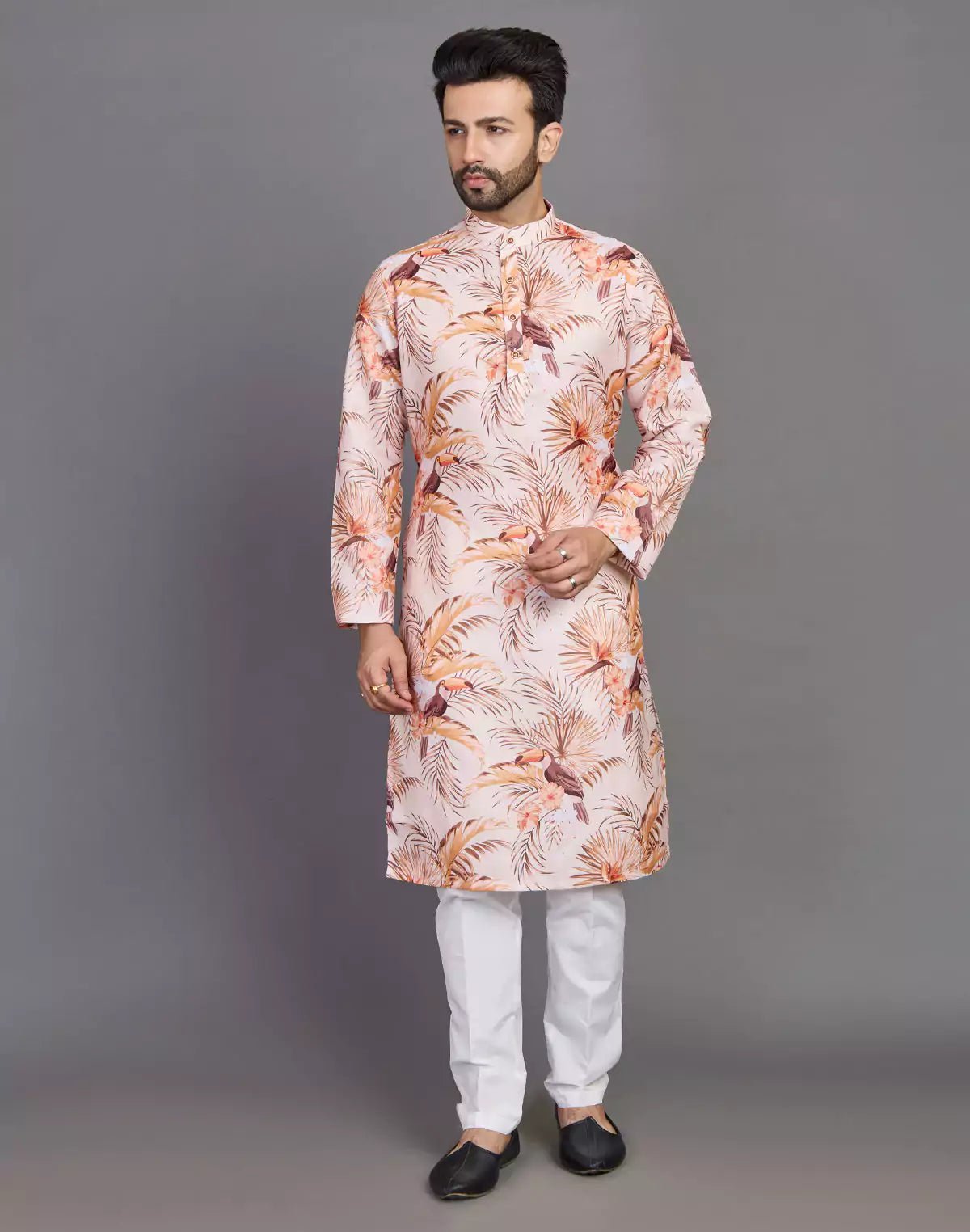Image of Floral Print Cotton Peach Coloured Party Wear Kurta - South India Shopping Mall