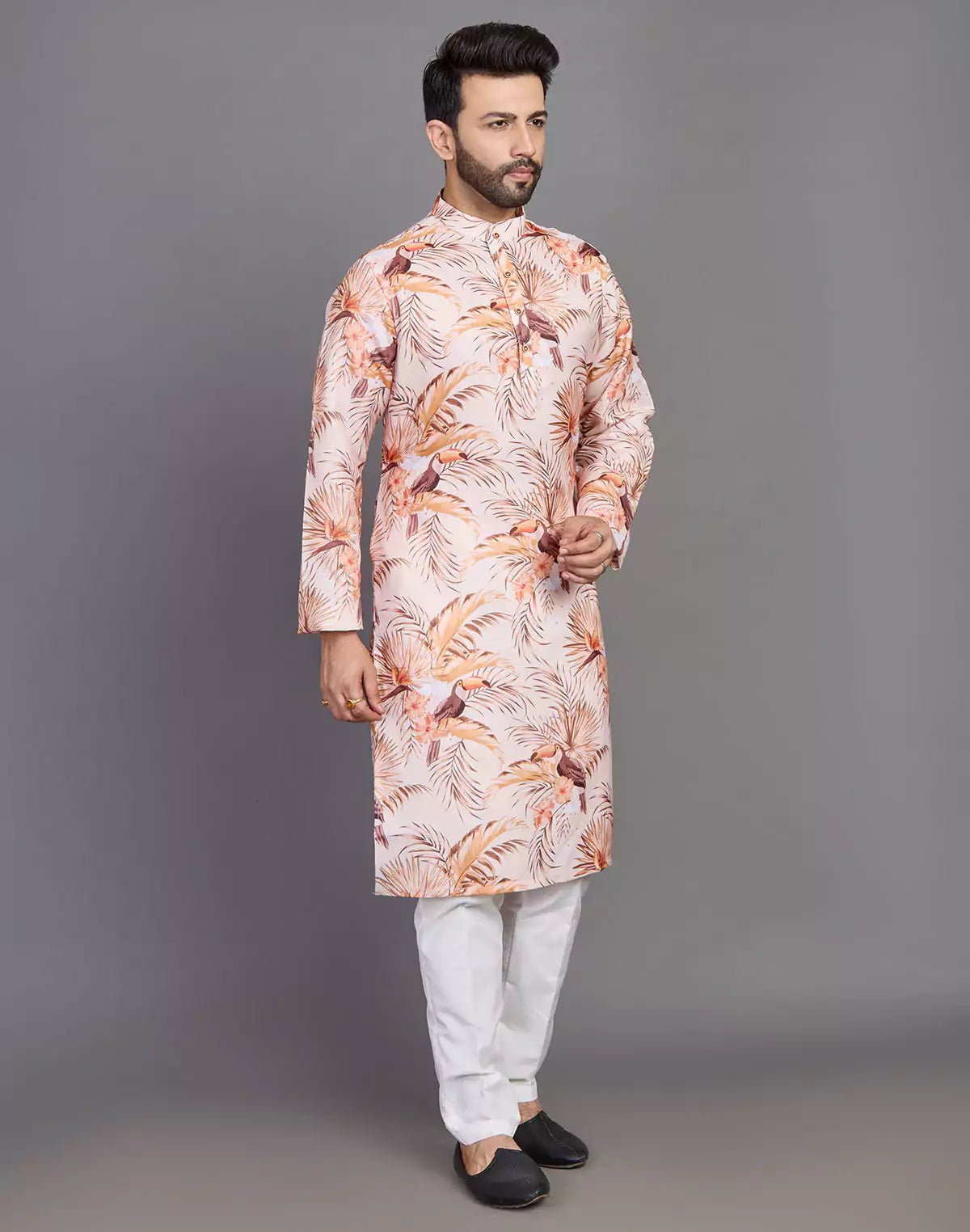 Image of Floral Print Cotton Peach Coloured Party Wear Kurta - South India Shopping Mall