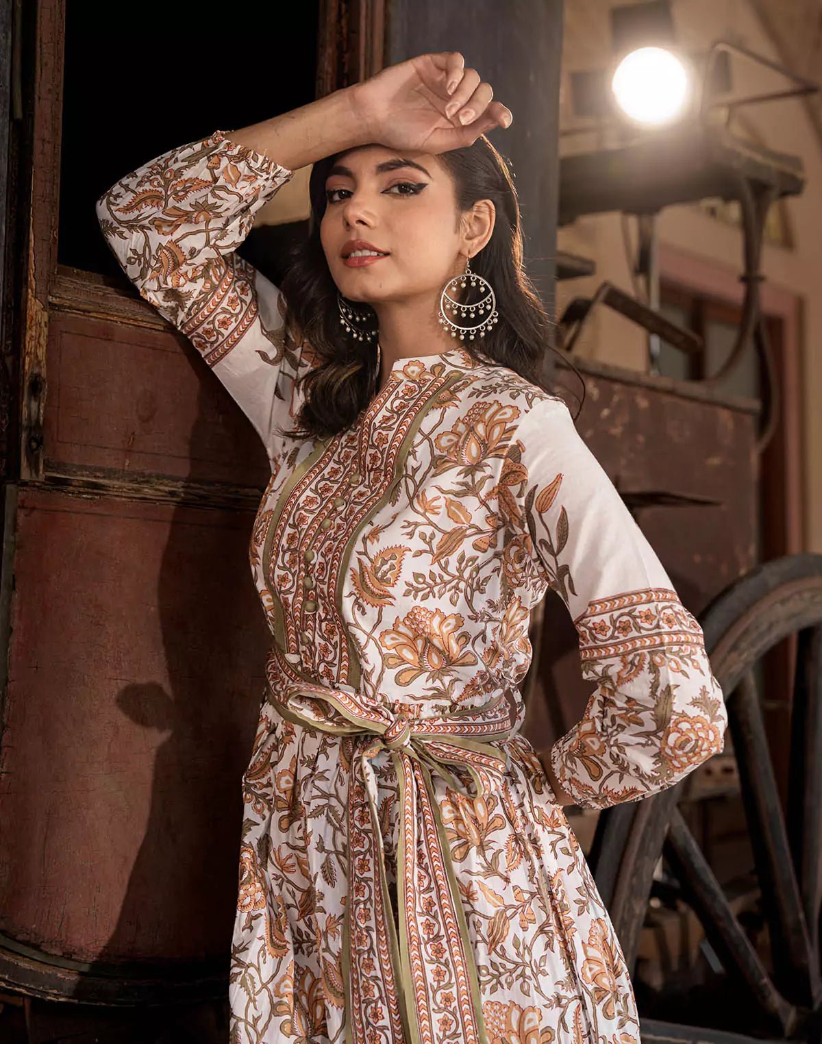 Image of Floral Print Cotton White Coloured Kurti With Belt - South India Shopping Mall