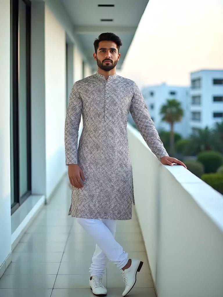 Image of Floral Print Dark Natural Cotton Silk Kurta - South India Shopping Mall