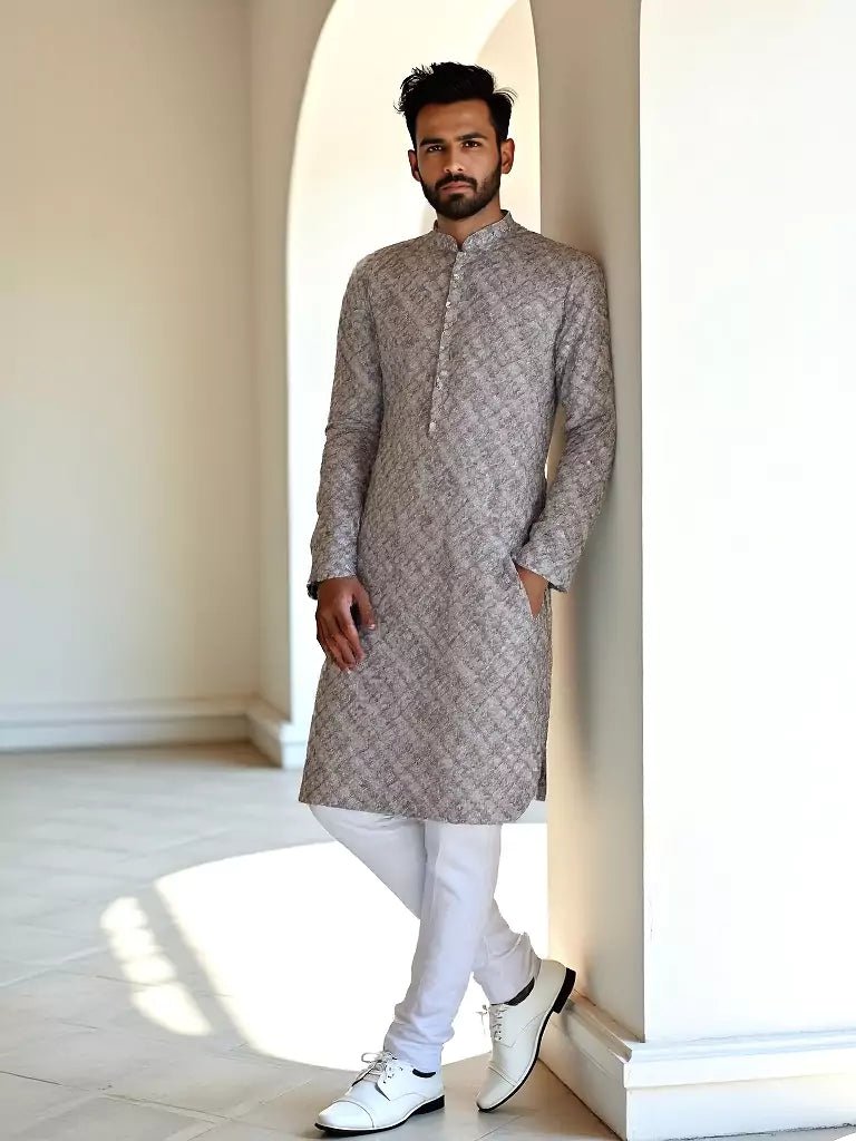 Image of Floral Print Dark Natural Cotton Silk Kurta - South India Shopping Mall