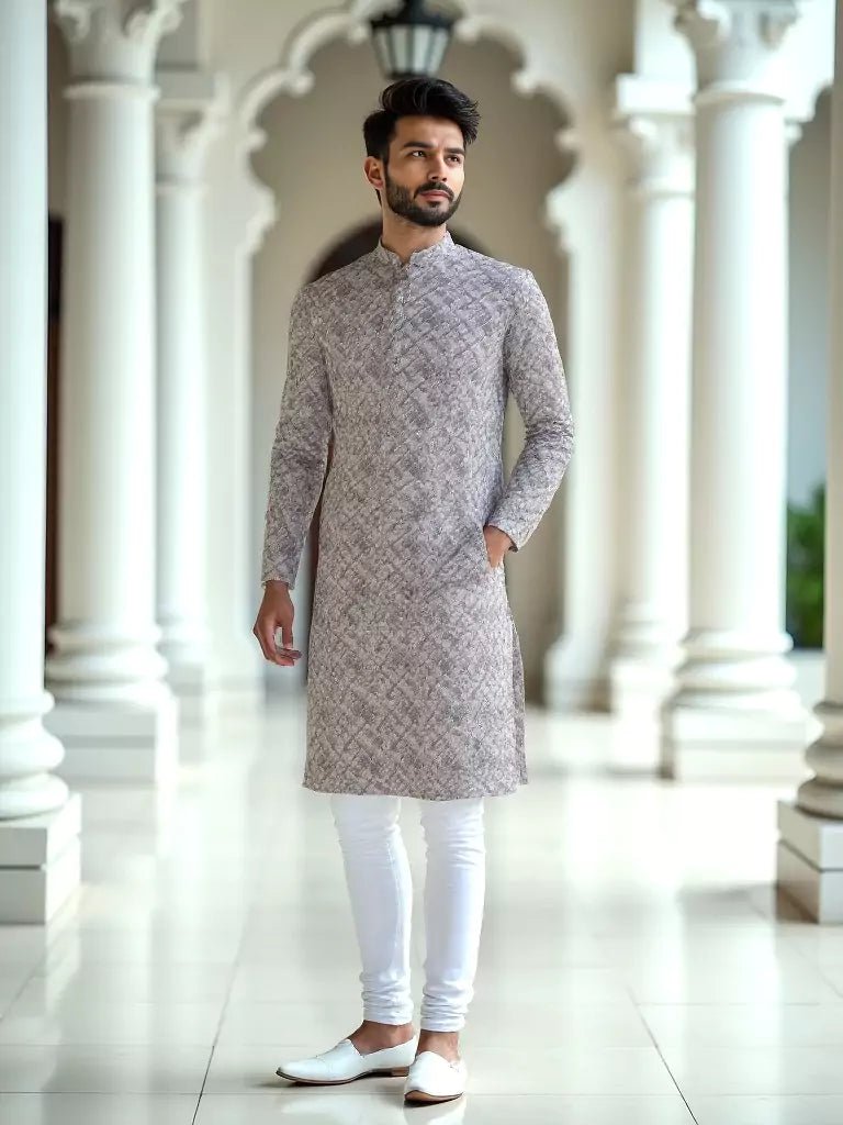 Image of Floral Print Dark Natural Cotton Silk Kurta - South India Shopping Mall