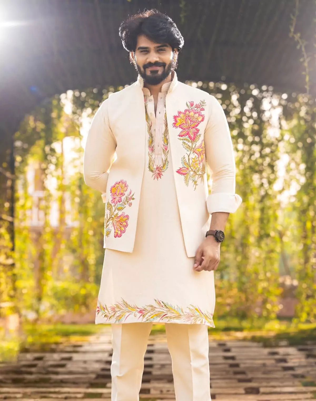 Image of Floral Print Matka Silk Natural Color Kurta Jacket Set - South India Shopping Mall