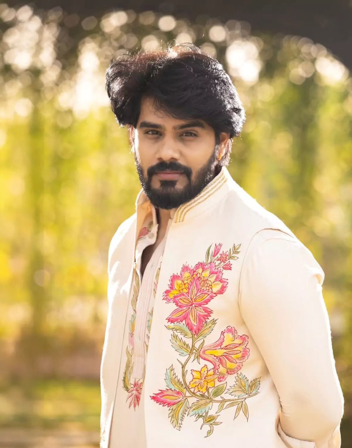 Image of Floral Print Matka Silk Natural Color Kurta Jacket Set - South India Shopping Mall