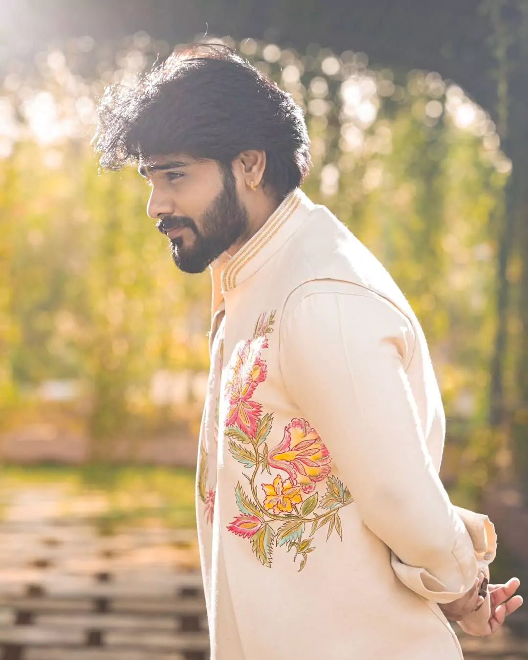 Image of Floral Print Matka Silk Natural Color Kurta Jacket Set - South India Shopping Mall