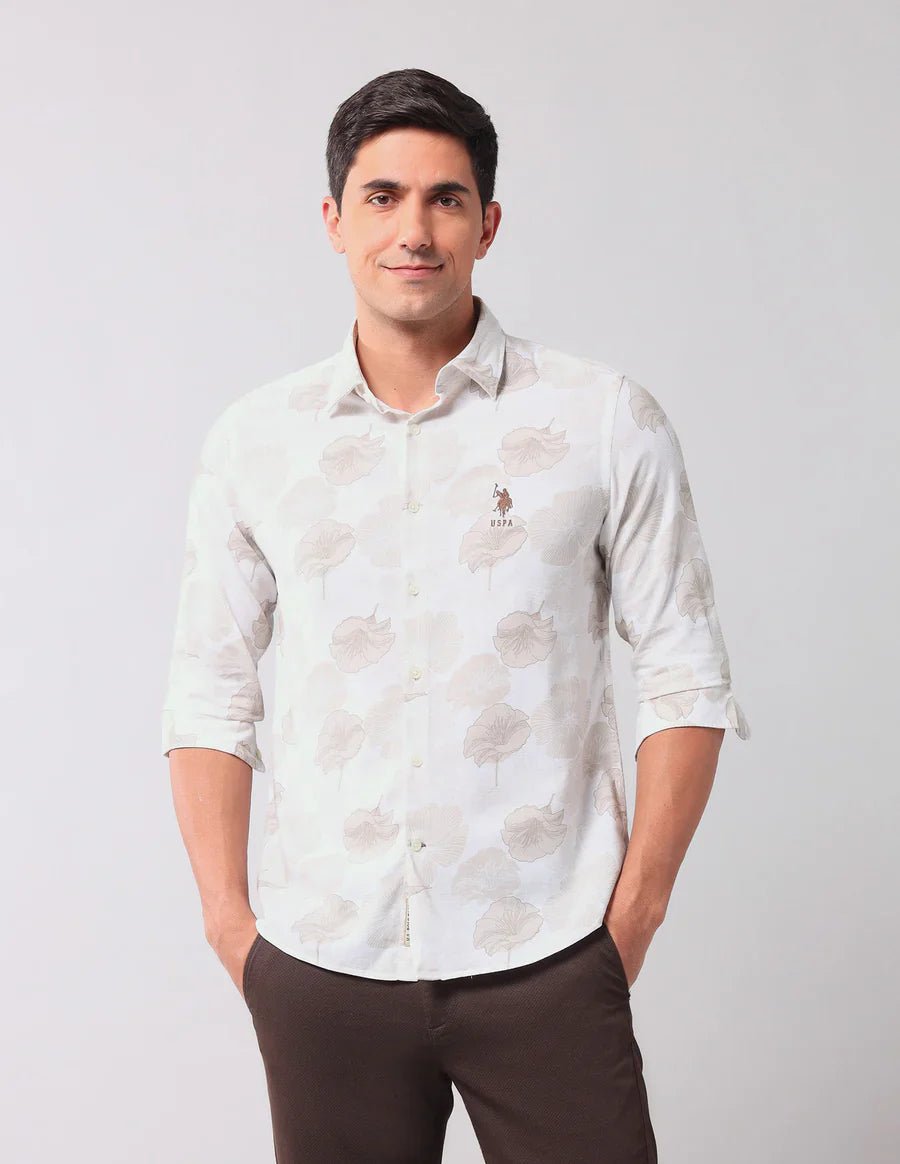 Image of Floral Printed Beige Cotton Denim Co Casual Shirt - South India Shopping Mall