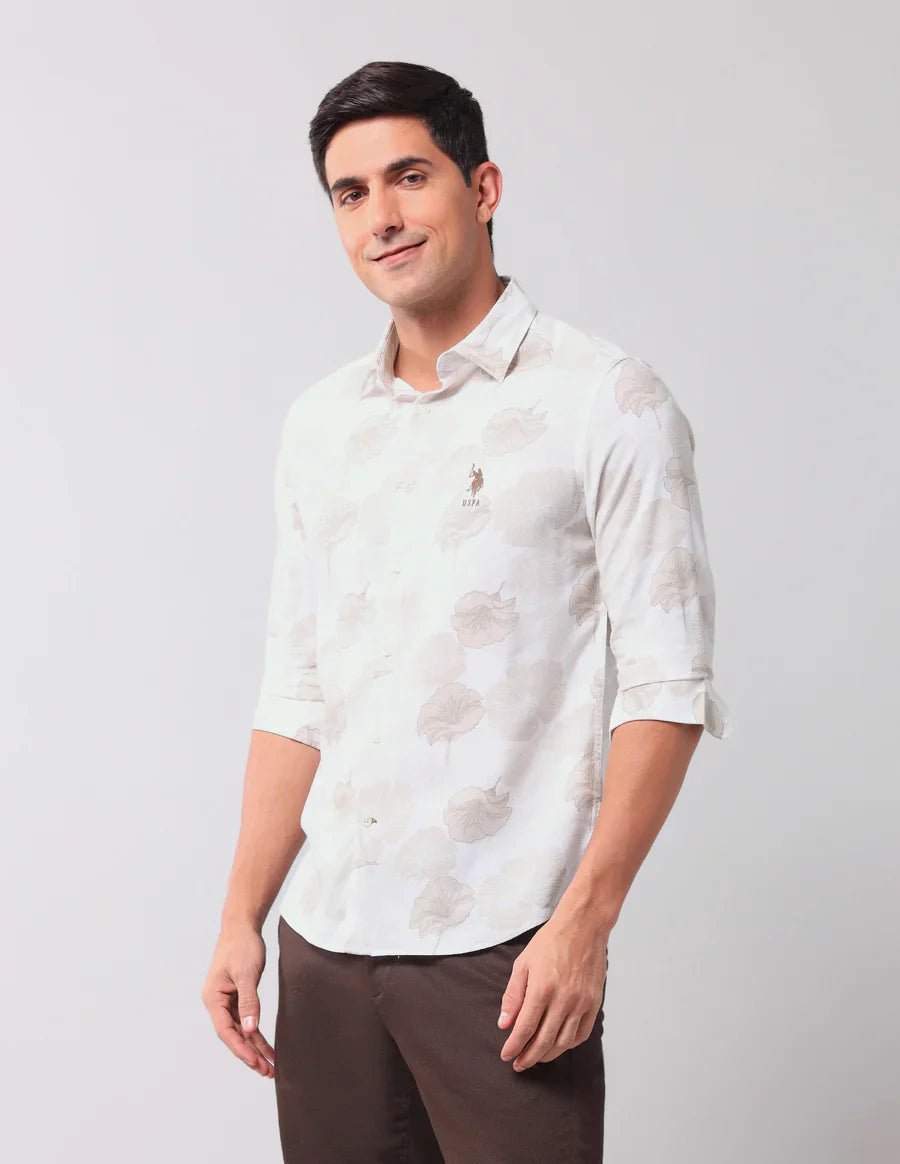 Image of Floral Printed Beige Cotton Denim Co Casual Shirt - South India Shopping Mall