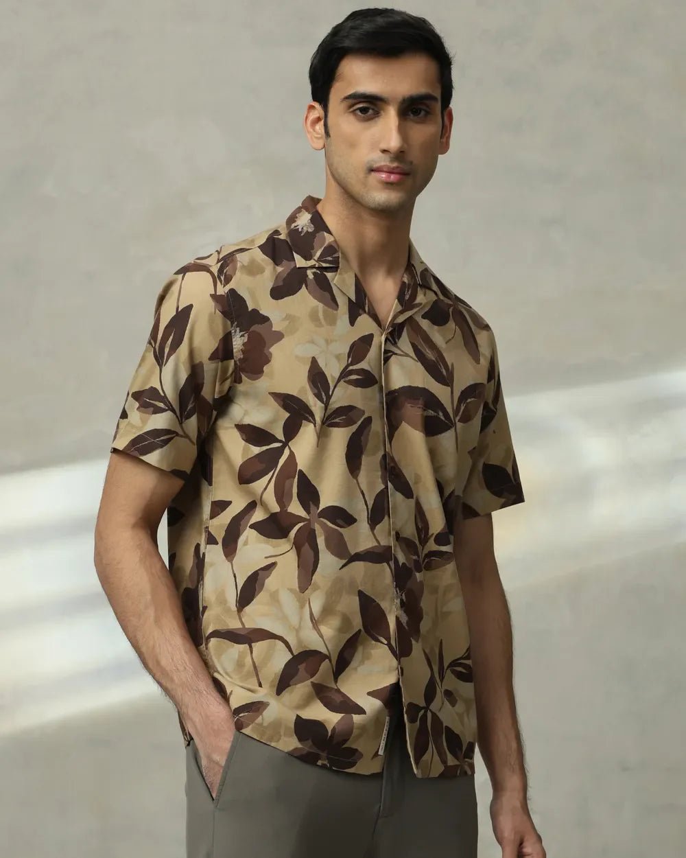 Image of Floral Printed Brown Half Sleeve Cotton Men's Shirt - South India Shopping Mall