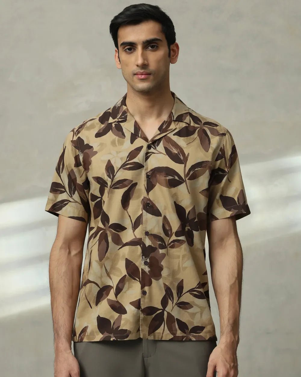 Image of Floral Printed Brown Half Sleeve Cotton Men's Shirt - South India Shopping Mall
