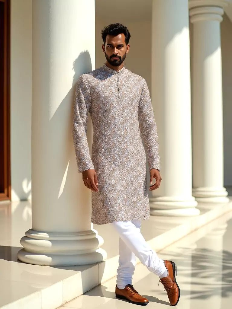 Image of Floral Printed Grey Regular Fit Cotton Kurta - South India Shopping Mall