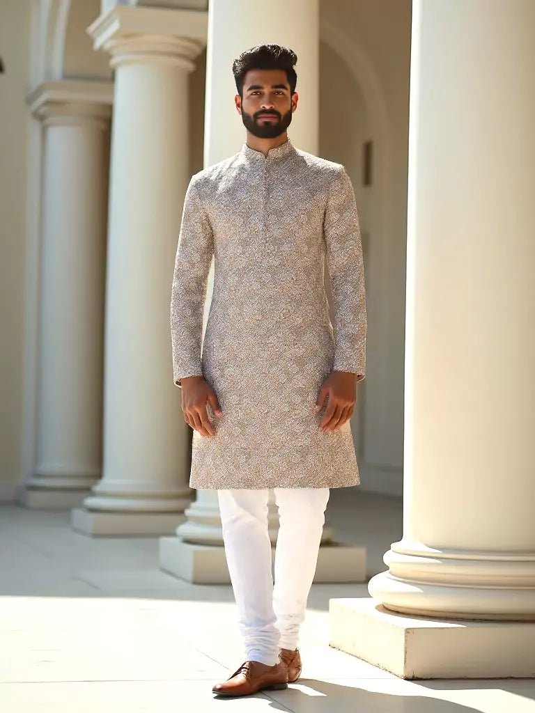 Image of Floral Printed Grey Regular Fit Cotton Kurta - South India Shopping Mall