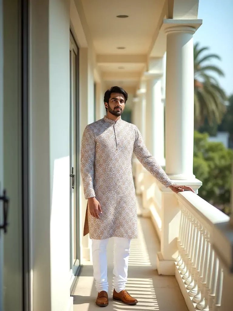 Image of Floral Printed Grey Regular Fit Cotton Kurta - South India Shopping Mall